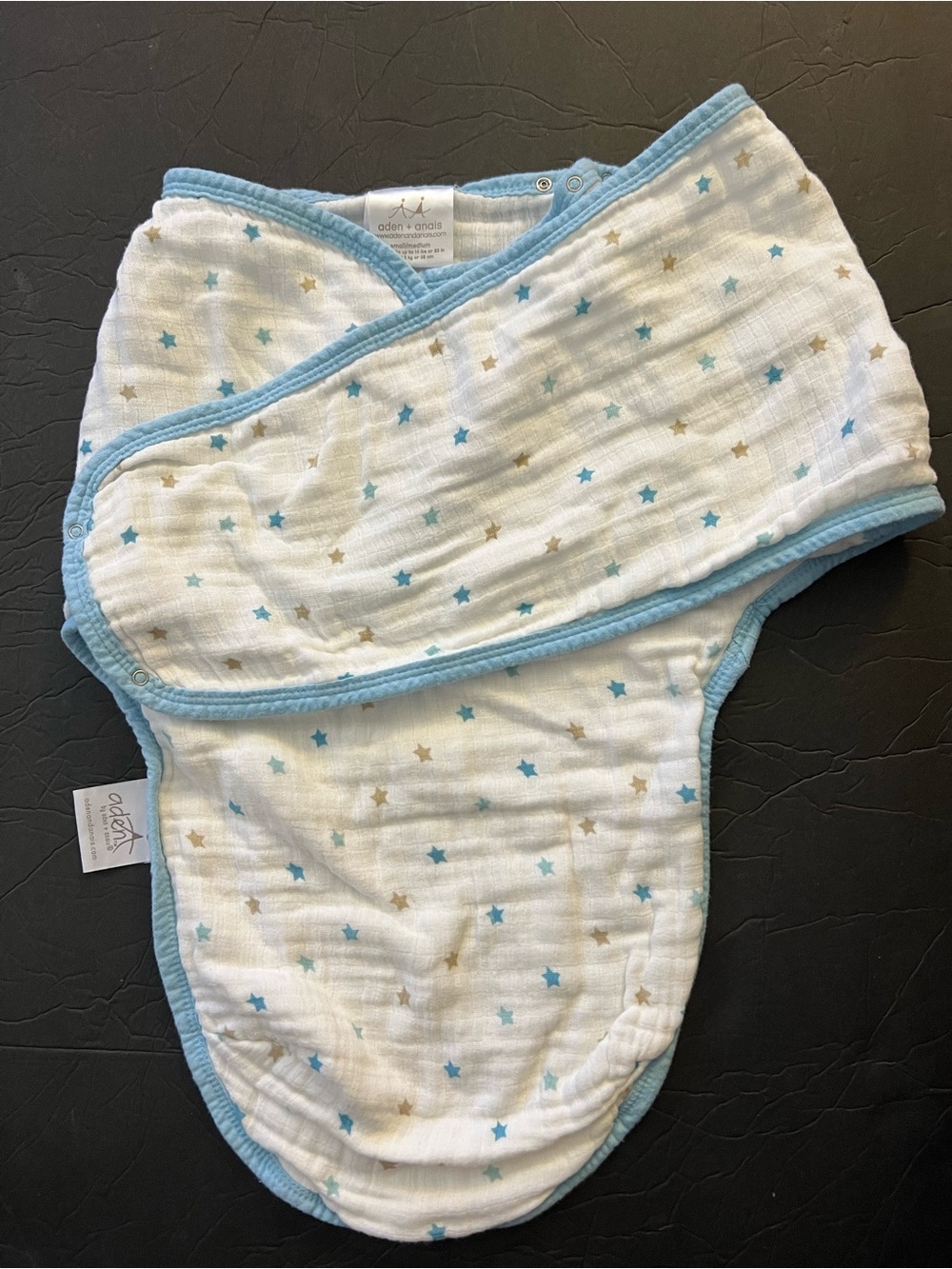 aden + anais White Muslin Sleep Sack with Blue and Tan Stars